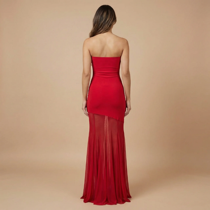 Women's Formal Strapless Maxi Dress With Sheer Mesh Skirt