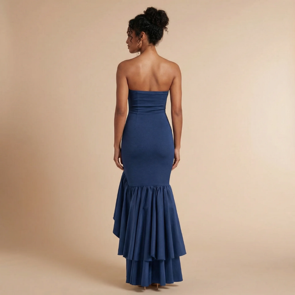 Women's Wedding Guest Strapless Ruffle Slit Maxi Dress