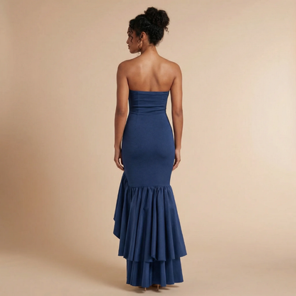 Women's Wedding Guest Strapless Ruffle Slit Maxi Dress