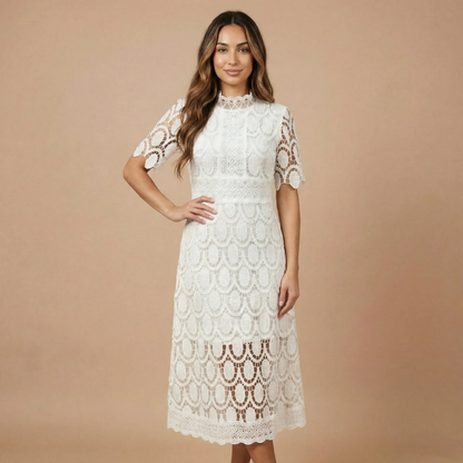 Women's Cocktail Lace Mock Neck Midi Dress