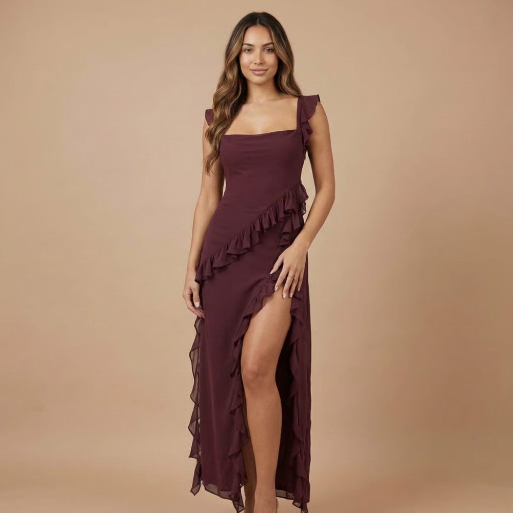 Women's Cocktail Ruffle High Slit Maxi Dress