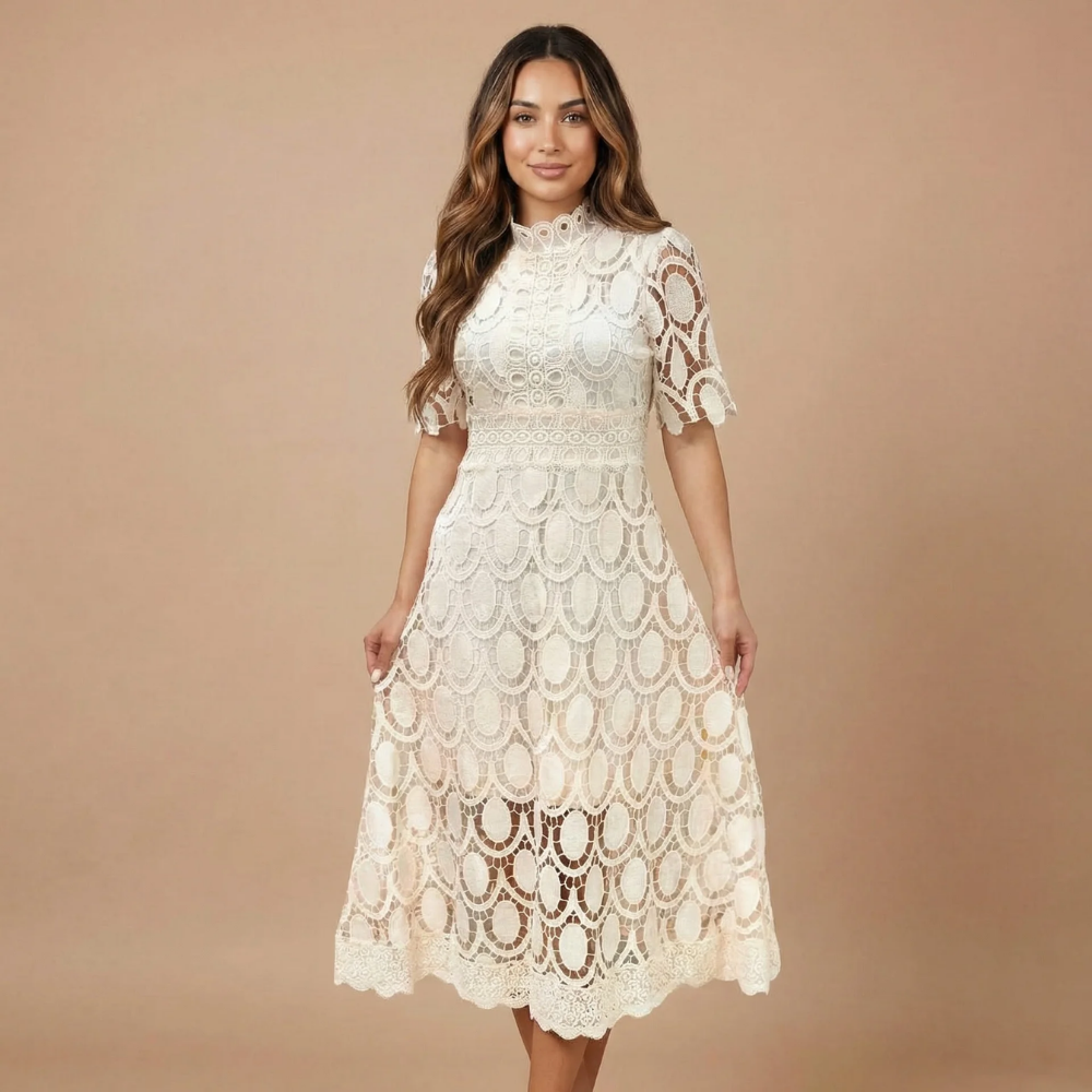 Women's Cocktail Lace Mock Neck Midi Dress