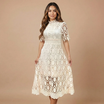 Women's Cocktail Lace Mock Neck Midi Dress