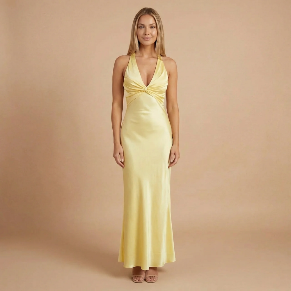Women's Wedding Guest Halter V Neck Satin Maxi Dress