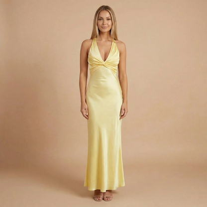 Women's Wedding Guest Halter V Neck Satin Maxi Dress