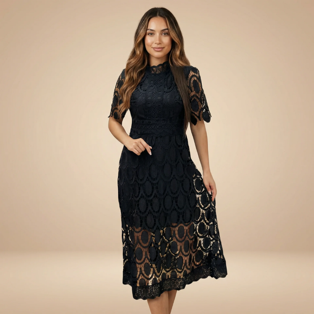 Women's Cocktail Lace Mock Neck Midi Dress