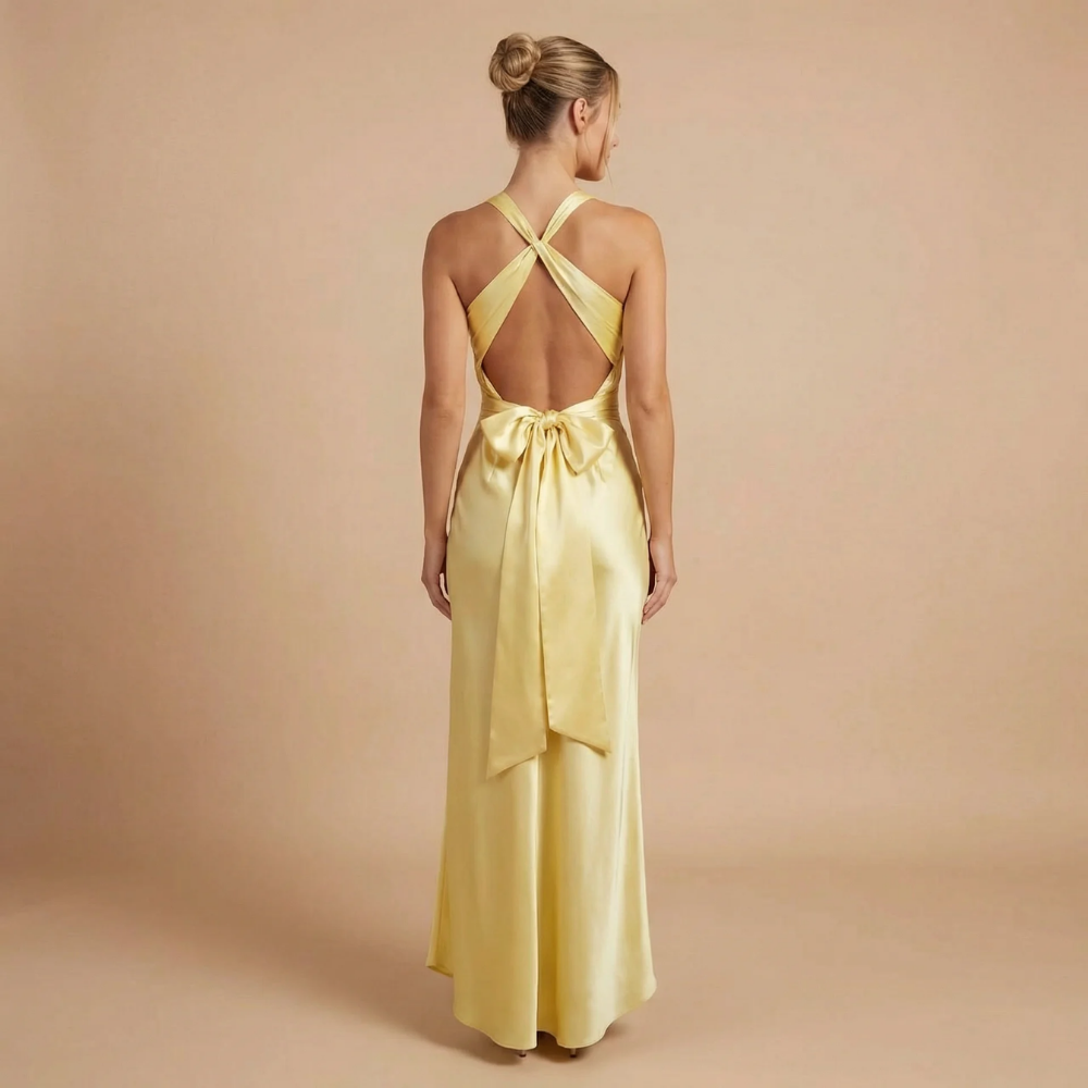 Women's Wedding Guest Halter V Neck Satin Maxi Dress