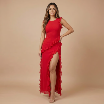 Women's Cocktail Ruffle High Slit Maxi Dress