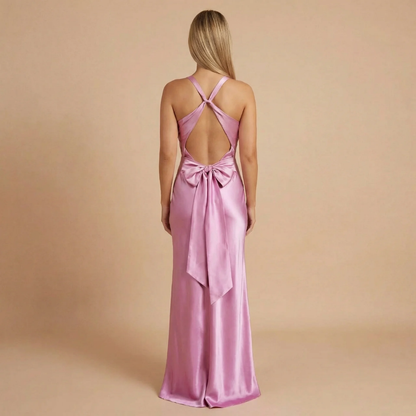 Women's Wedding Guest Halter V Neck Satin Maxi Dress