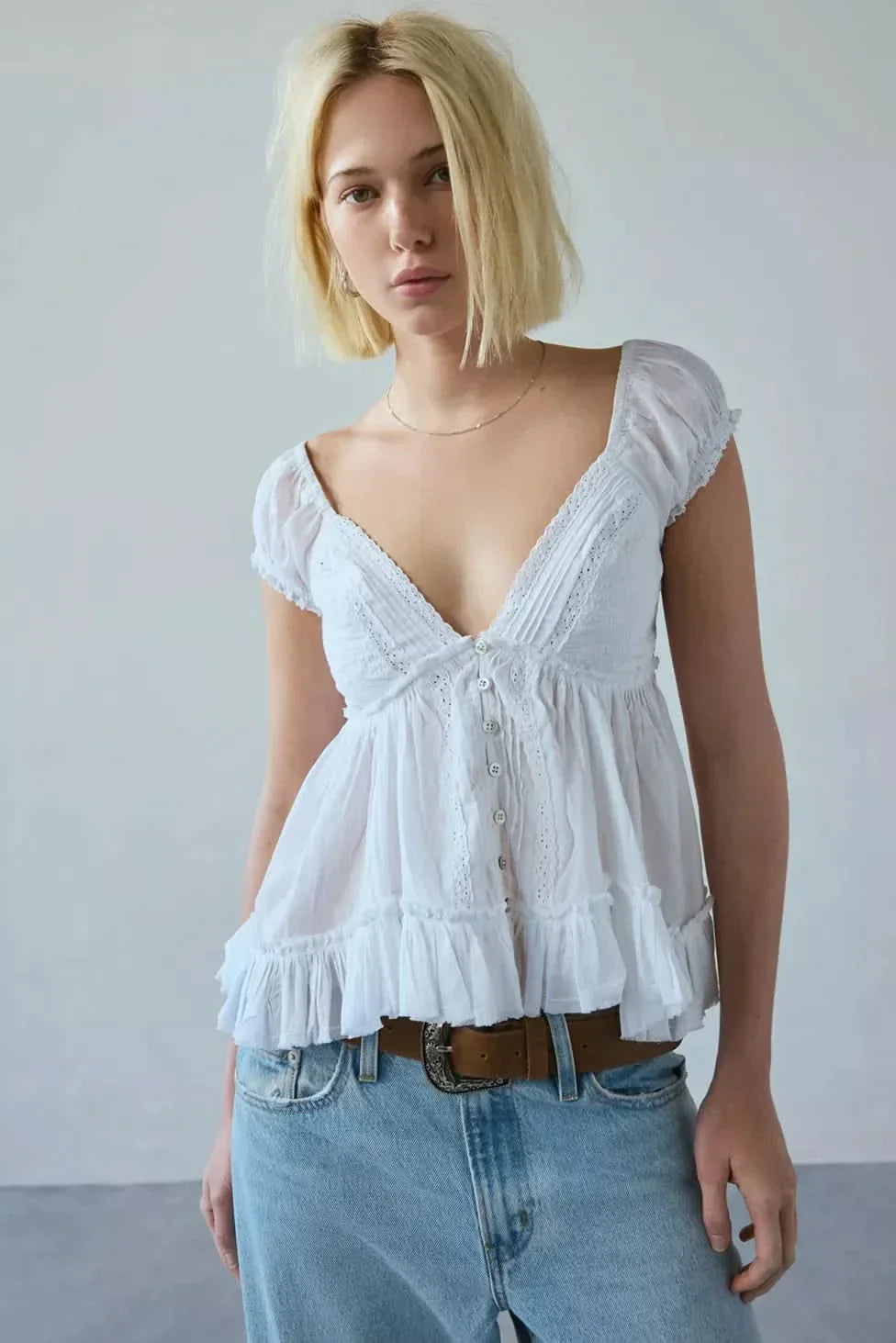 Women's Summer V Neck Button Front Peplum Blouse