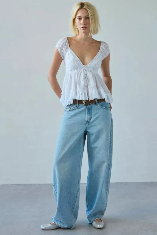 Women's Summer V Neck Button Front Peplum Blouse