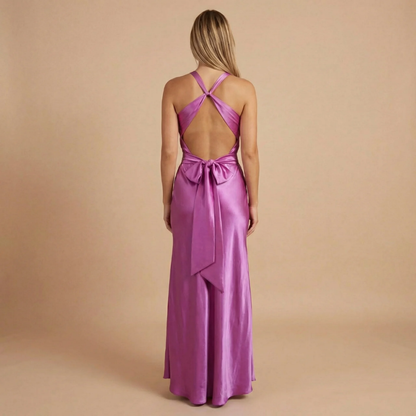 Women's Wedding Guest Halter V Neck Satin Maxi Dress
