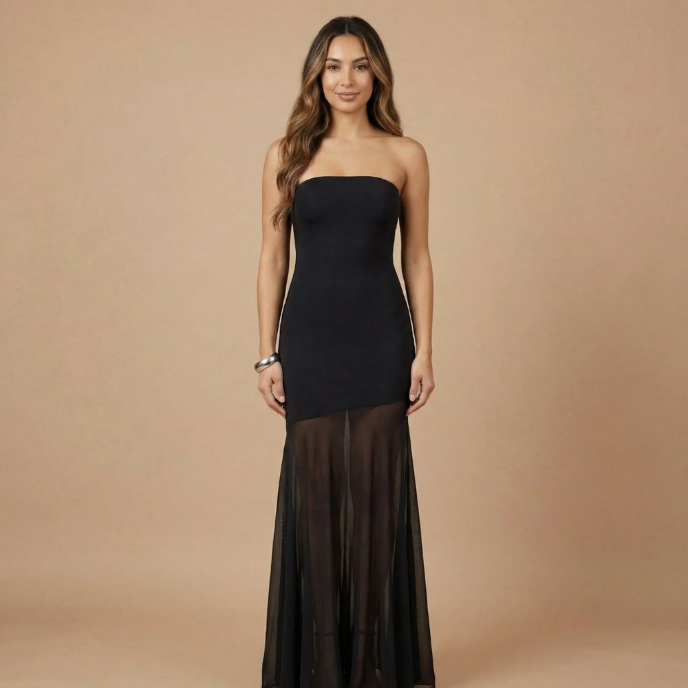 Women's Formal Strapless Maxi Dress With Sheer Mesh Skirt