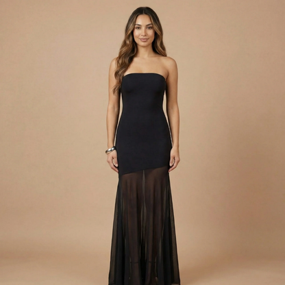 Women's Formal Strapless Maxi Dress With Sheer Mesh Skirt
