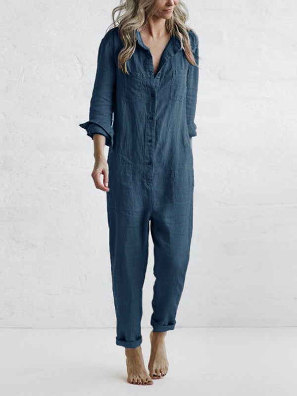 Women's Casual Long Sleeve Button Front Jumpsuit