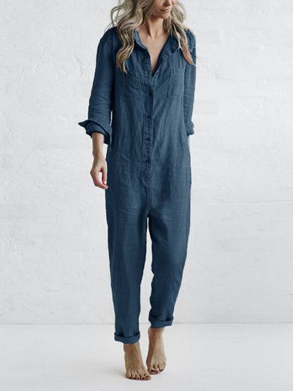 Women's Casual Long Sleeve Button Front Jumpsuit