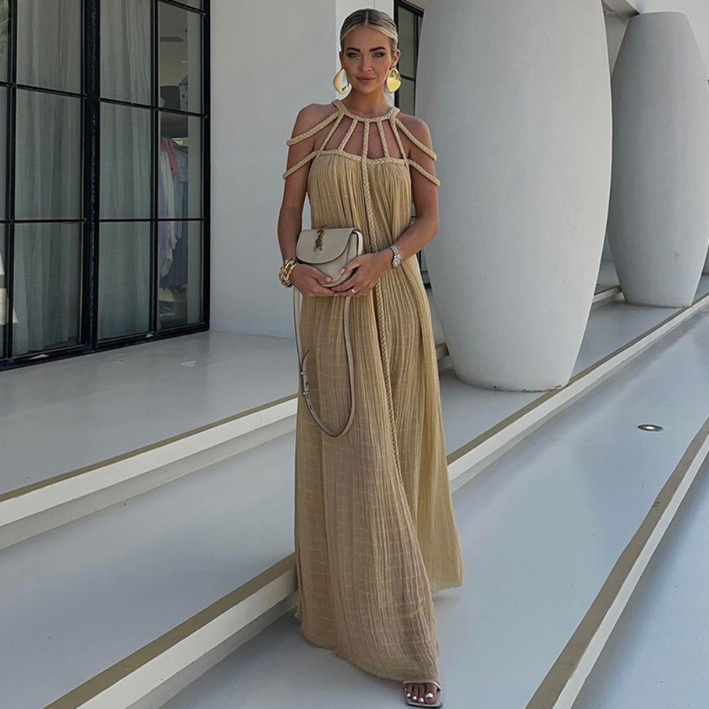 Women's Resort Maxi Cage Neck Column Dress with Belt