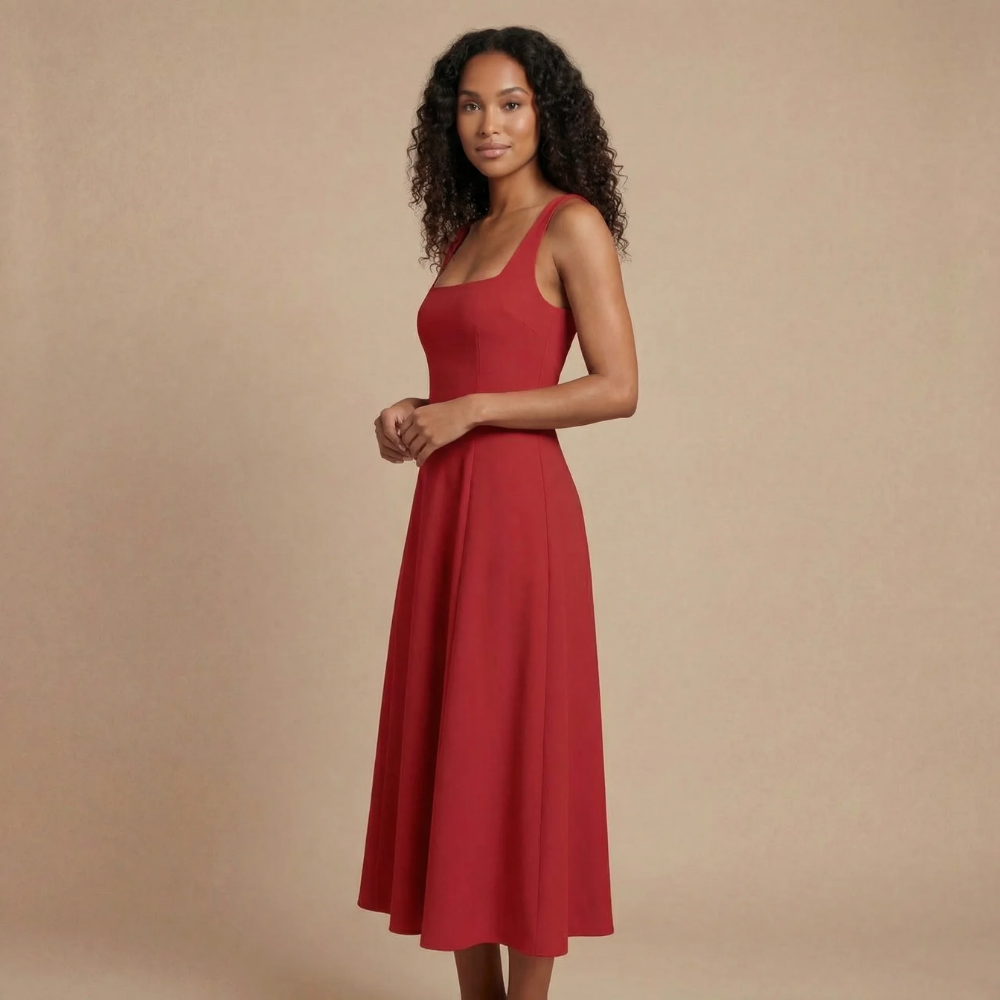 Women's Wedding Guest Square Neck Midi Dress Sleeveless