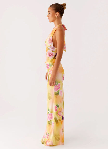 Women's Wedding Guest Floral Halter V Neck Midi Dress