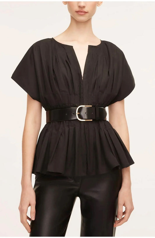 Women's Office Split Neck Pleated Peplum Blouse With Belt