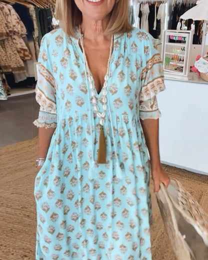 Women's Summer Floral V Neck Maxi Dress with Tassel Tie