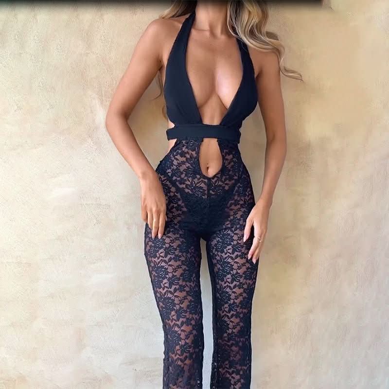 Women's Cocktail Floral Lace Halter V Neck Jumpsuit