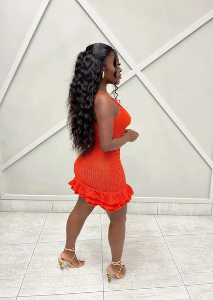 Women's Summer Crochet Scoop Neck Ruffle Mini Dress