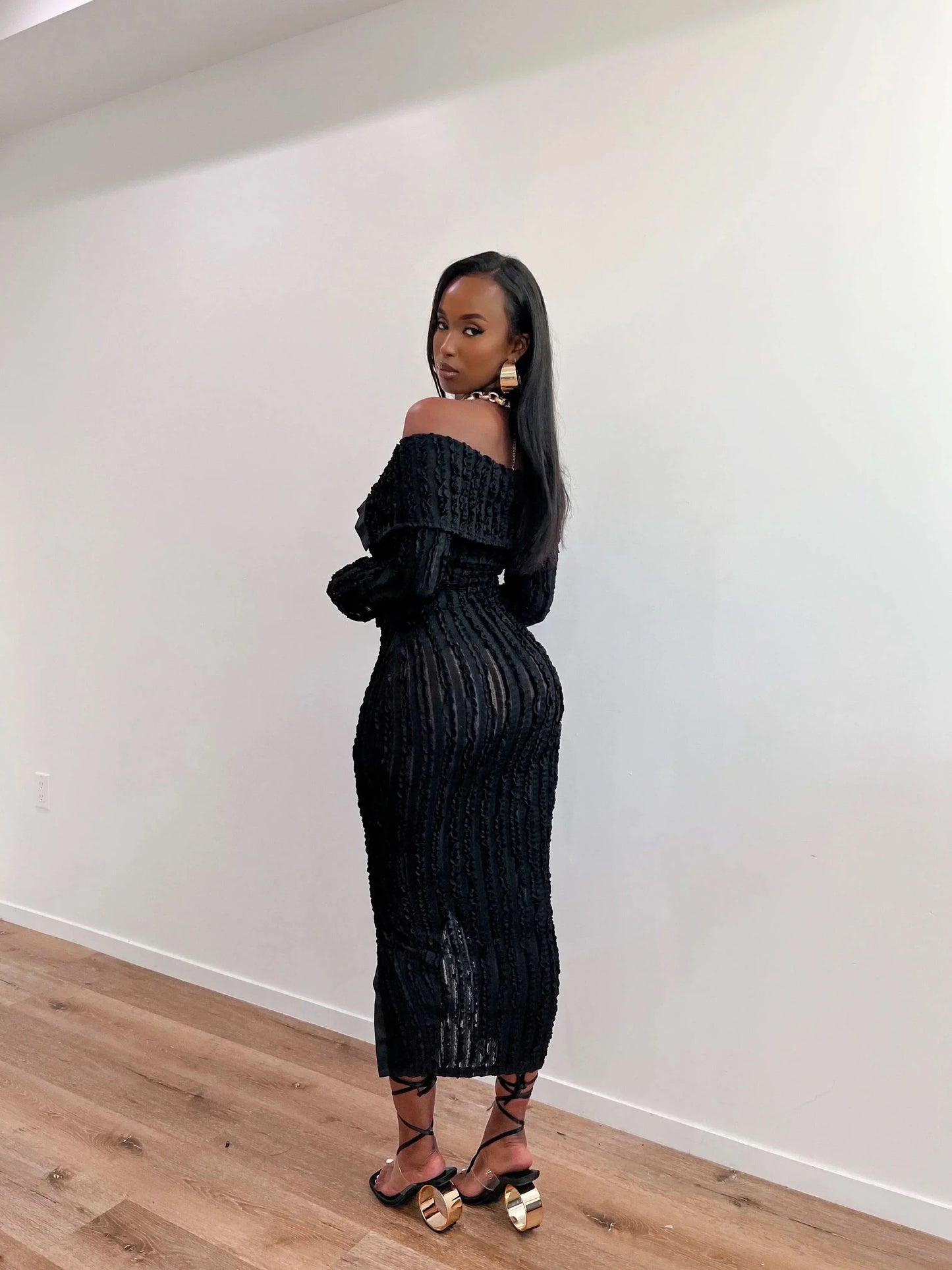 Women's Cocktail Off Shoulder Long Sleeve Midi Dress