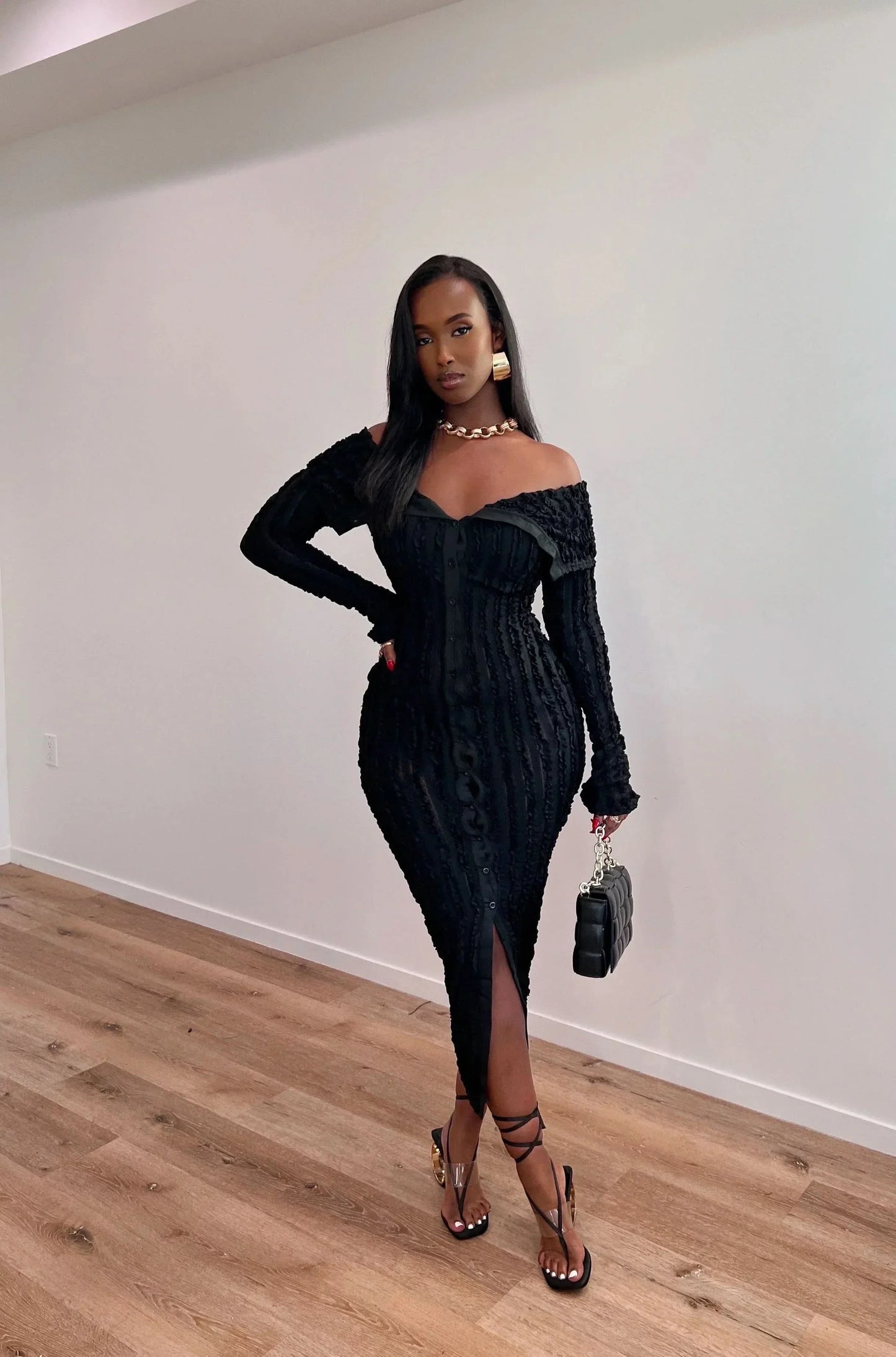 Women's Cocktail Off Shoulder Long Sleeve Midi Dress