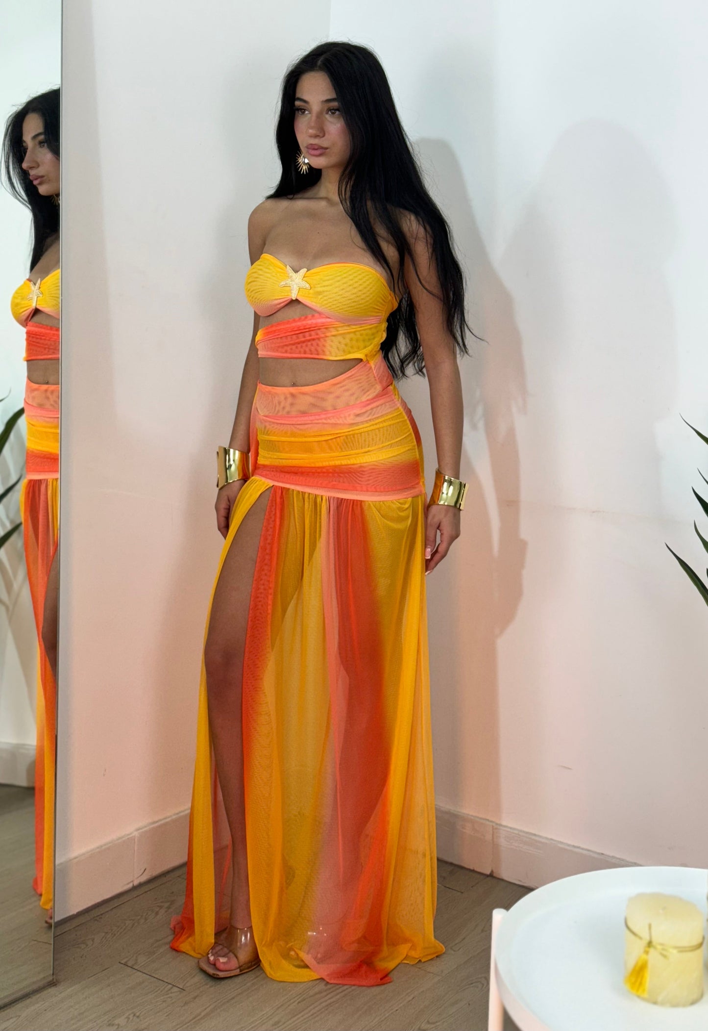 Women's Cocktail Strapless Sheer Maxi Skirt Set