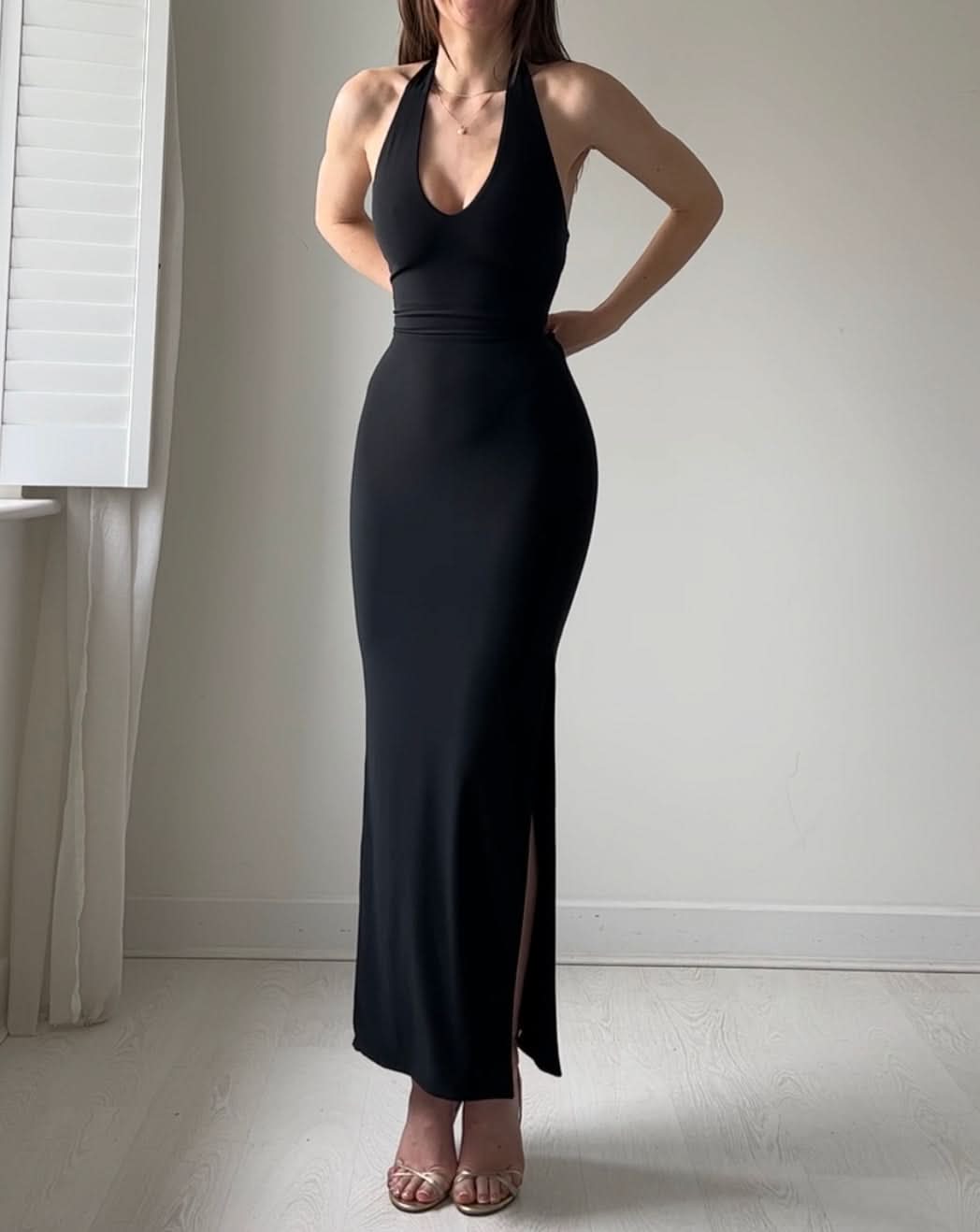 Women's Cocktail Halter Bodycon Maxi Dress With Side Slit