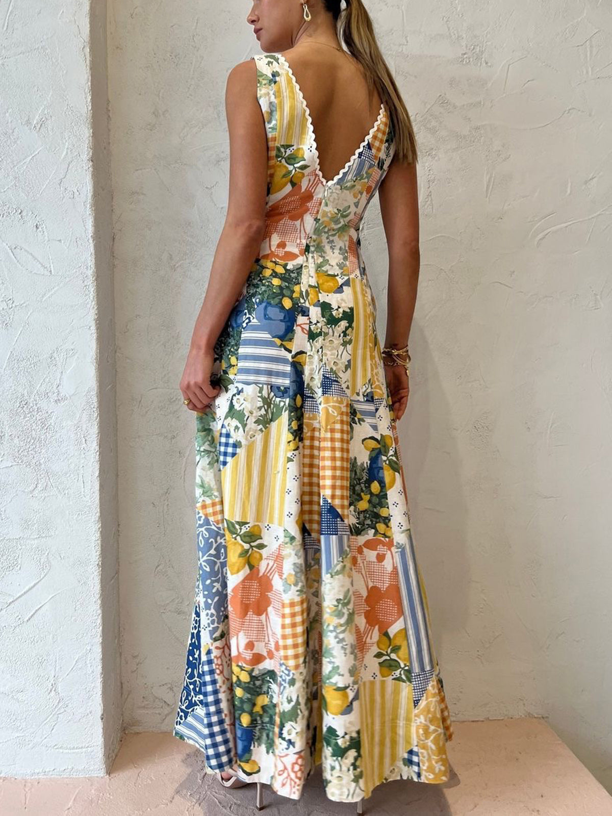 Women's Summer Patchwork V Neck Maxi Dress With Pockets