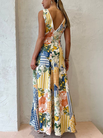 Women's Summer Patchwork V Neck Maxi Dress With Pockets