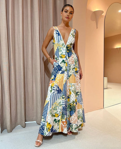 Women's Summer Patchwork V Neck Maxi Dress With Pockets