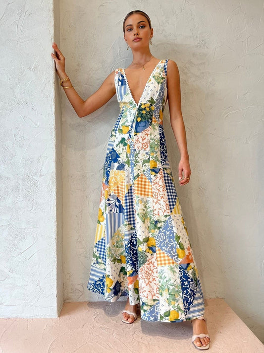Women's Summer Patchwork V Neck Maxi Dress With Pockets