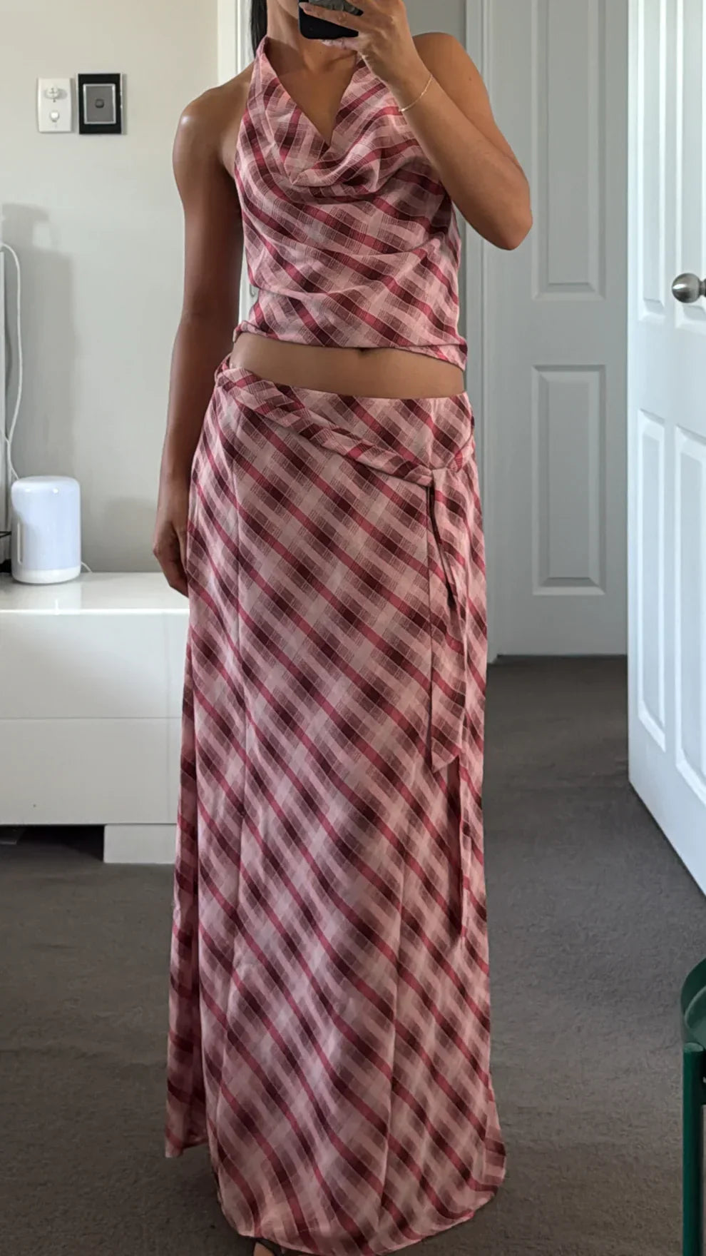 Women's Summer Plaid Halter Maxi Skirt Set