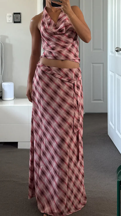 Women's Summer Plaid Halter Maxi Skirt Set