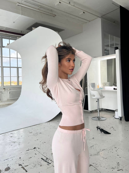 Women's Ribbed Knit Lounge Set Long Sleeve Top and Pants