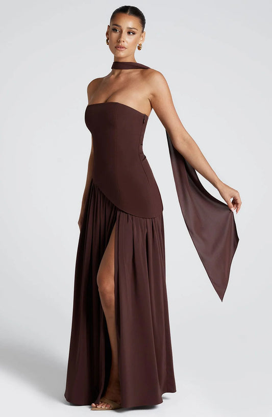 Women's Wedding Guest Strapless Maxi Dress with Slit