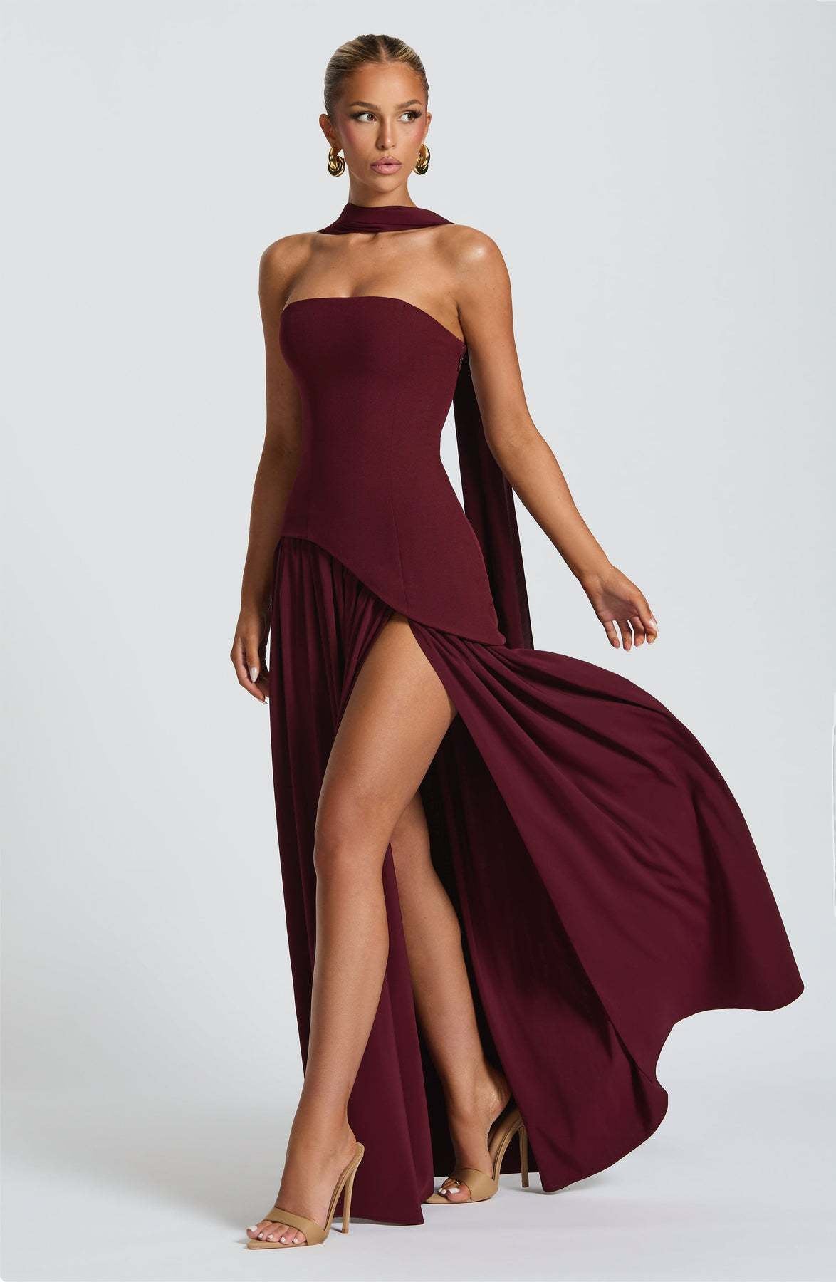 Women's Wedding Guest Strapless Maxi Dress with Slit