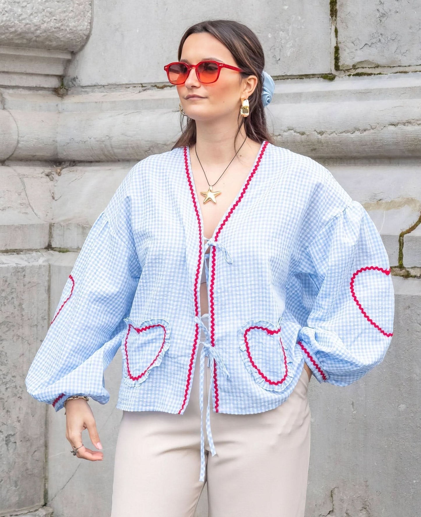 Women's Summer Gingham V Neck Tie Front Blouse