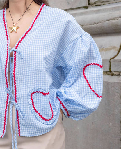 Women's Summer Gingham V Neck Tie Front Blouse
