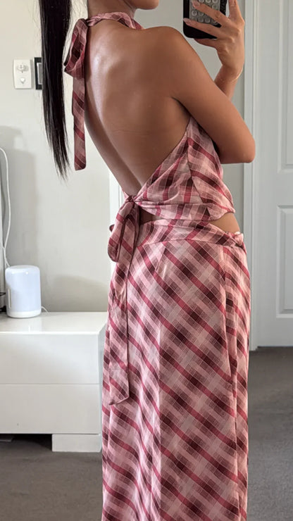 Women's Summer Plaid Halter Maxi Skirt Set