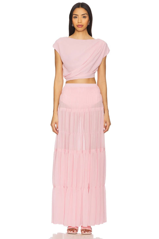 Women's Wedding Guest Maxi Skirt Set Draped Crop Top