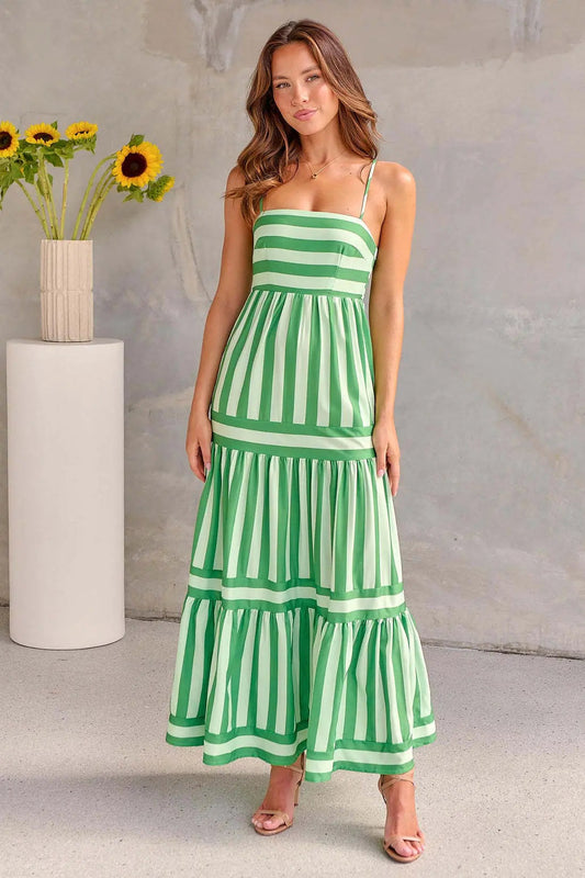 Women's Summer Striped Straight Neck Maxi Dress With Pockets