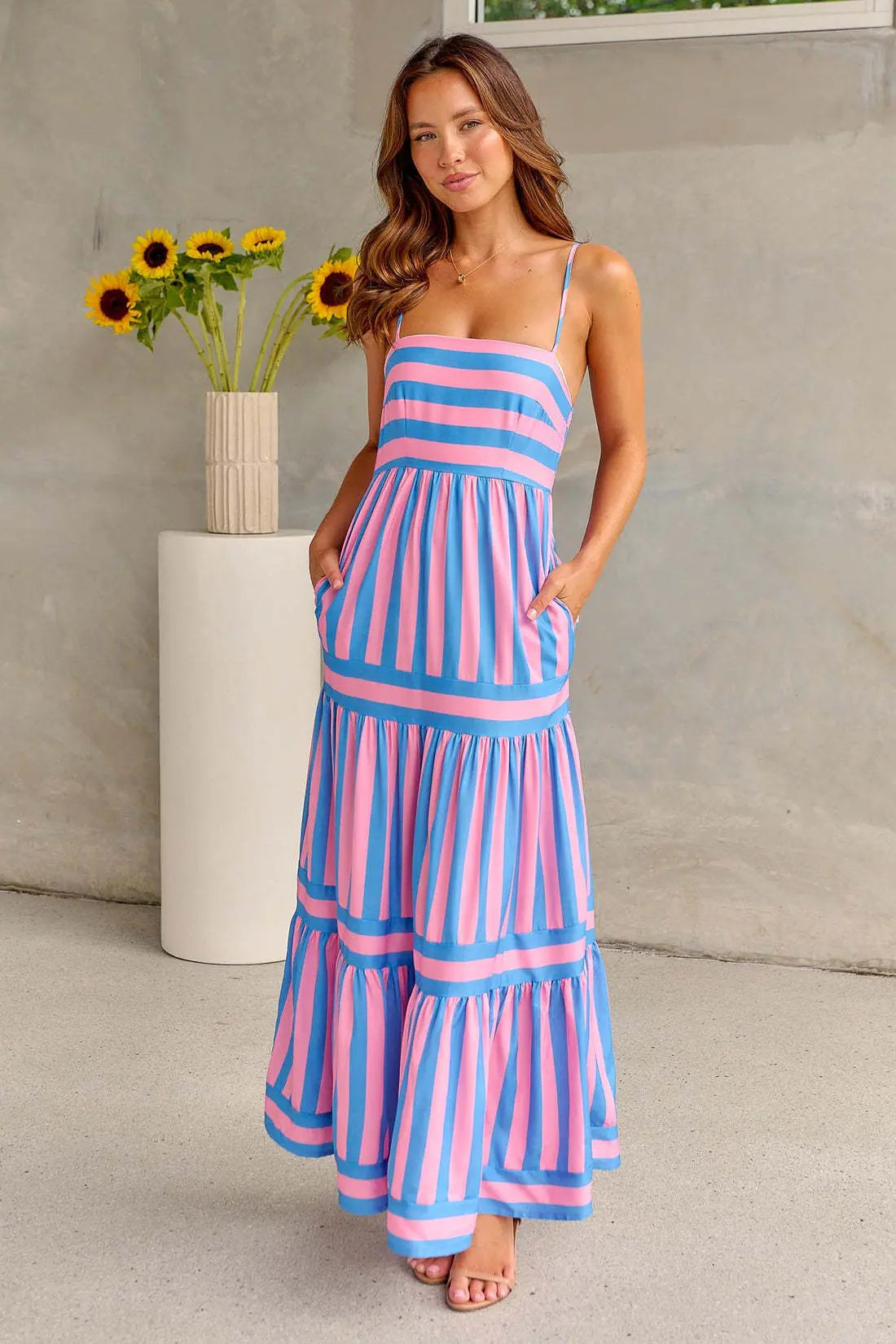 Women's Summer Striped Straight Neck Maxi Dress With Pockets