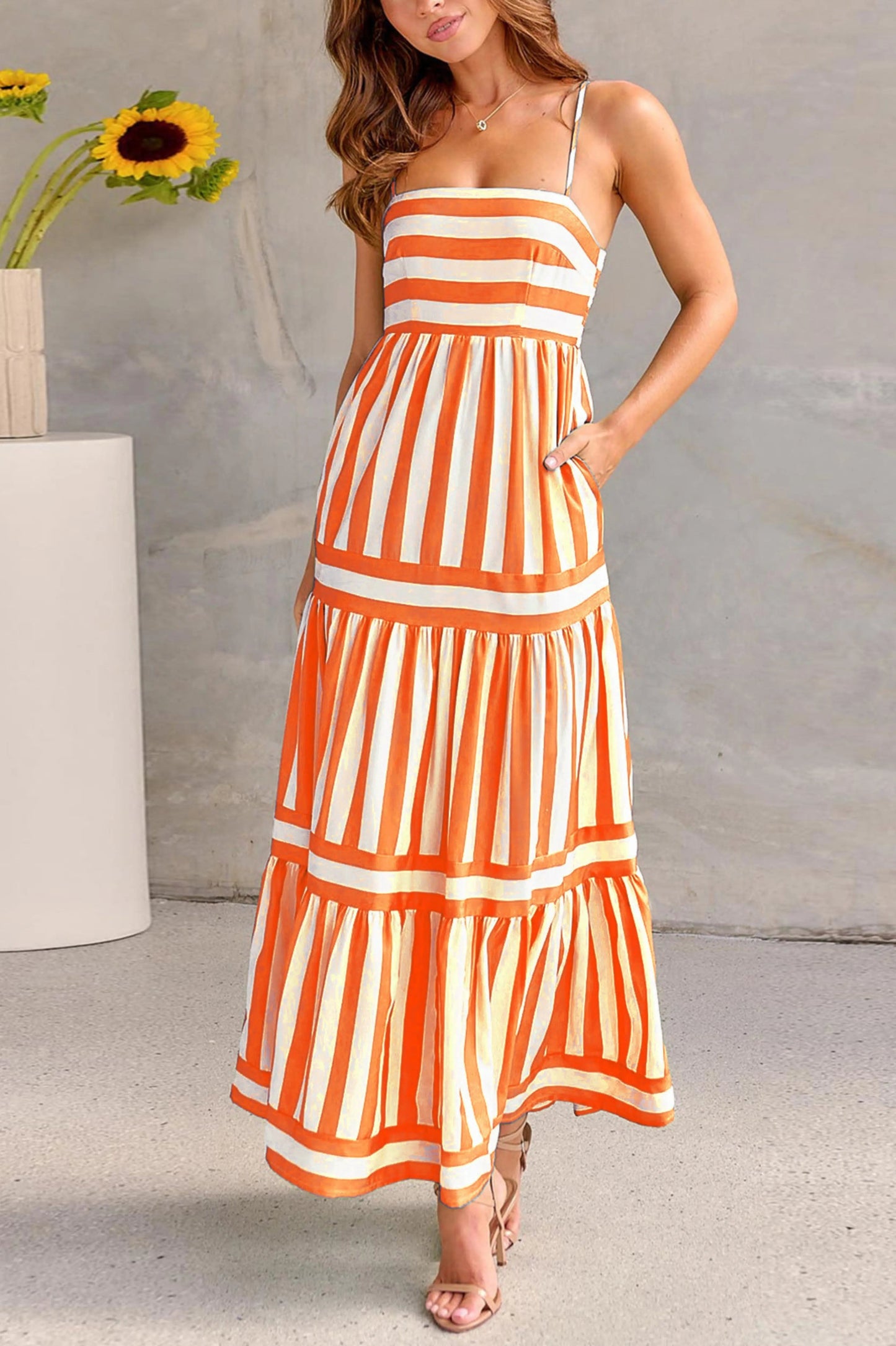 Women's Summer Striped Straight Neck Maxi Dress With Pockets
