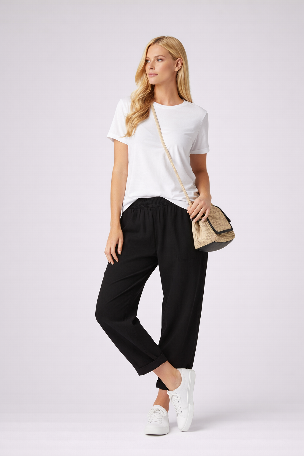 Luźne spodnie lniane z troczkiem