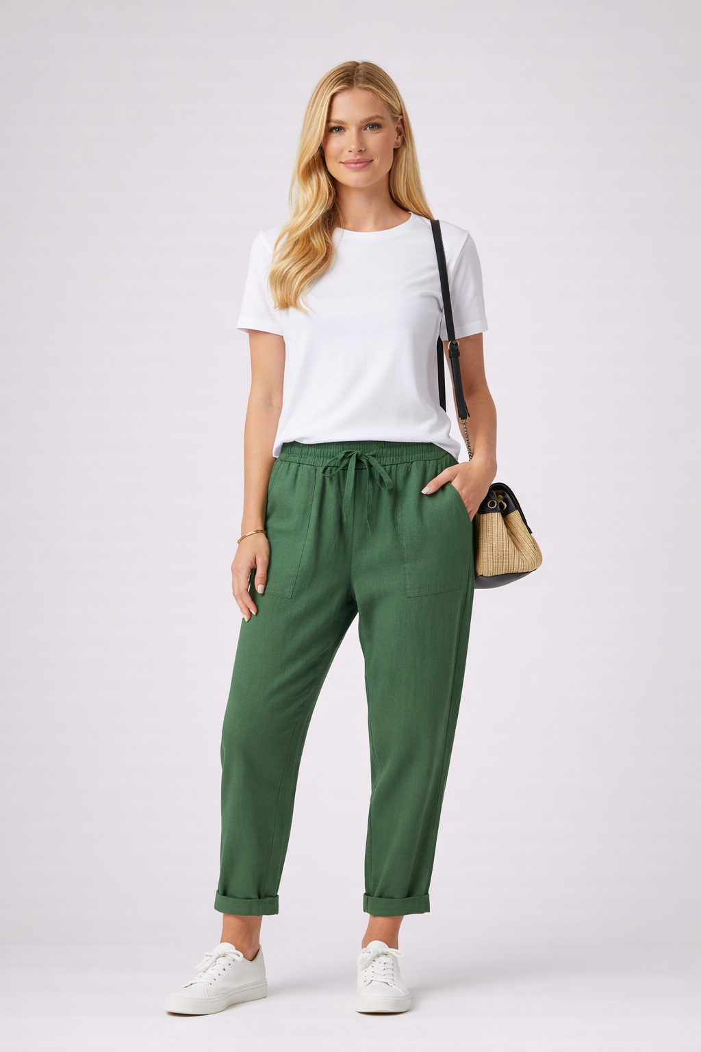 Luźne spodnie lniane z troczkiem