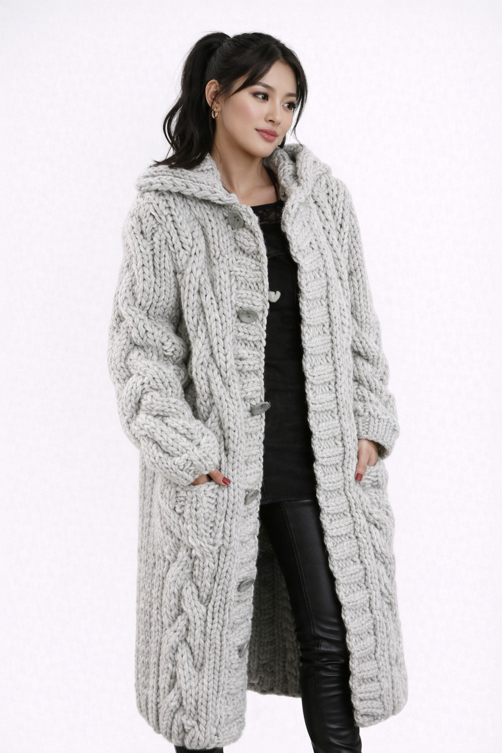 Zimowy Chunky Knit Długi Płaszcz